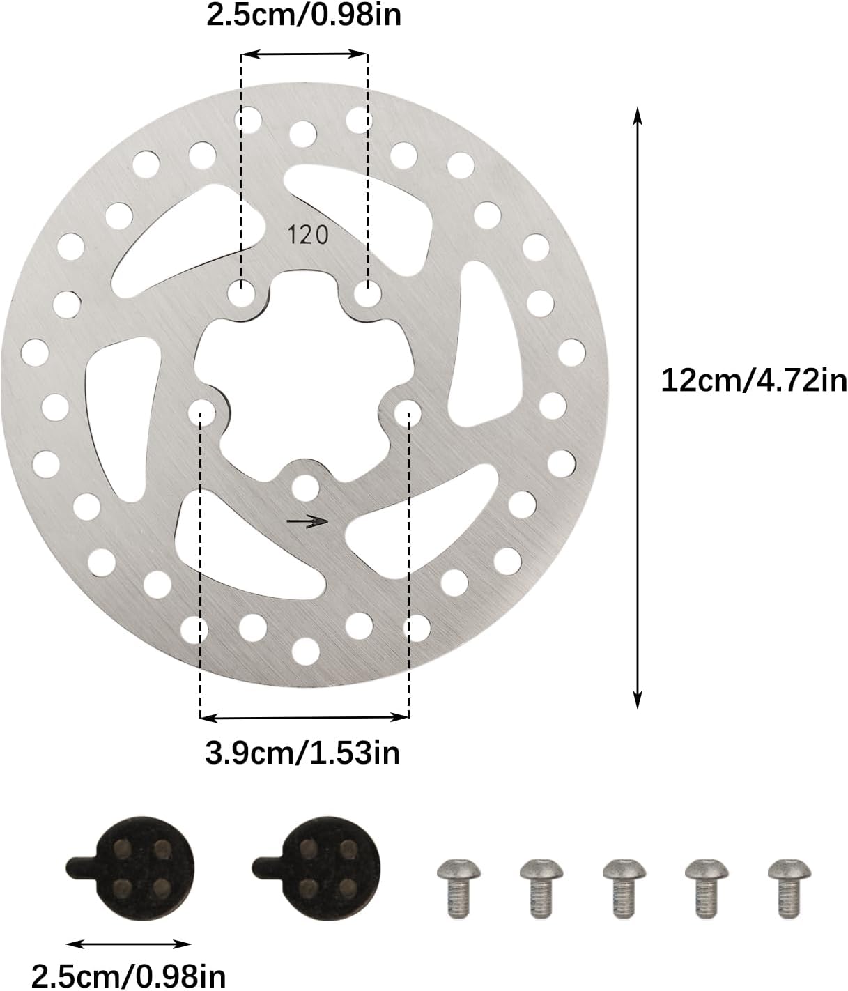 120mm Brake Disc Rotors, 5 Holes Brake Disc with Brake Pad | Stainless Steel, High Heat Dissipation, Friction Surface, Electric Scooter Bicycle Modification Parts, for M365/PRO/PRO2