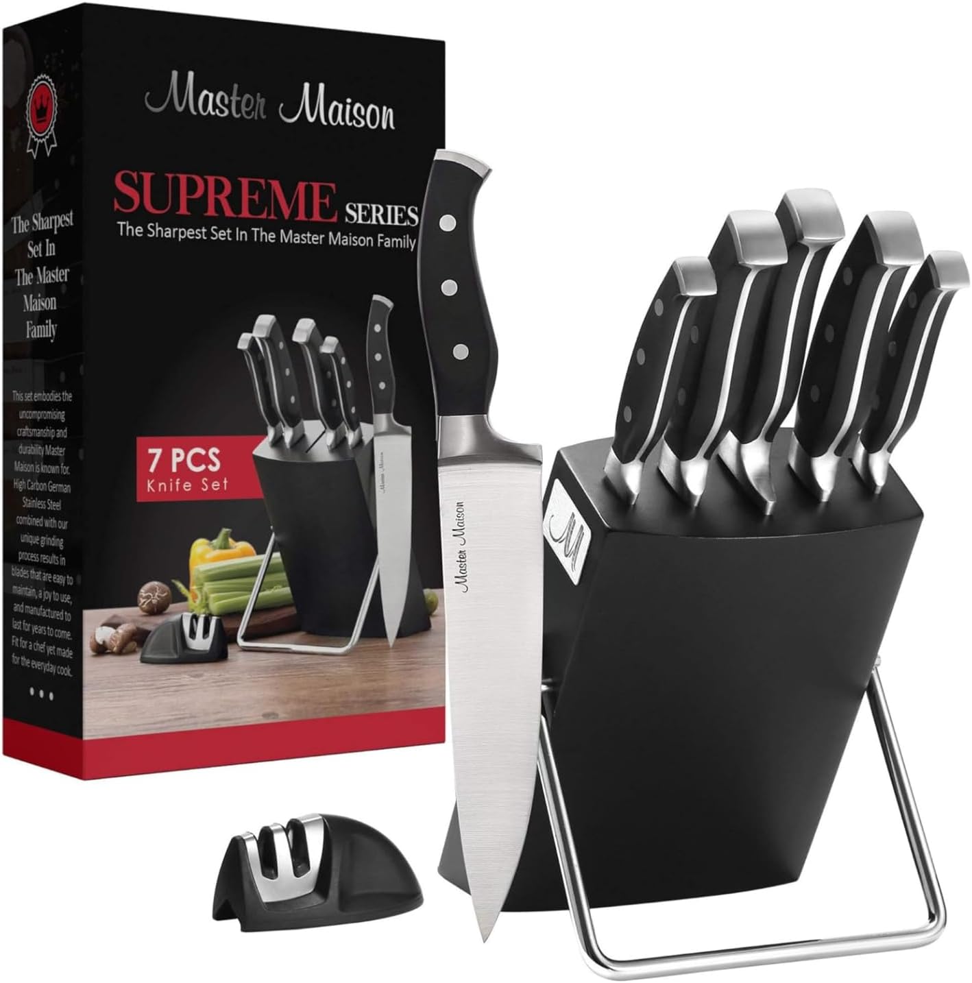 Master Maison 7-Piece Premium Kitchen Knife Set With Wooden Block | German Stainless Steel Cutlery With Knife Sharpener (Black)