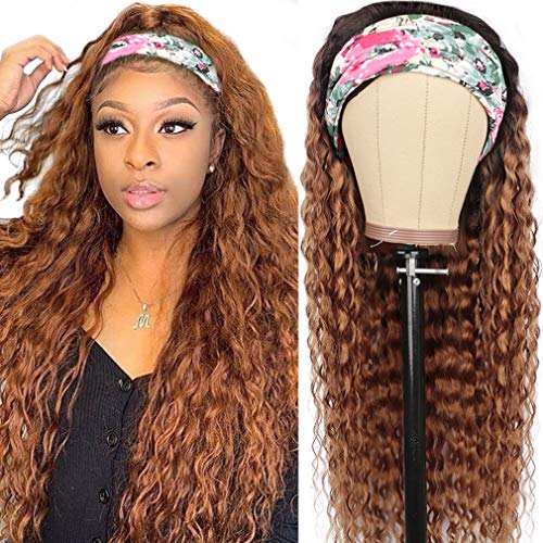 HaHa Water Wave Headband Wig Human Hair Ombre Curly Headband Wig for Black Women Brazilian Virgin Hair Wet n Wavy Machine Made Half Wig 26 Inches Honey Brown 1B/30