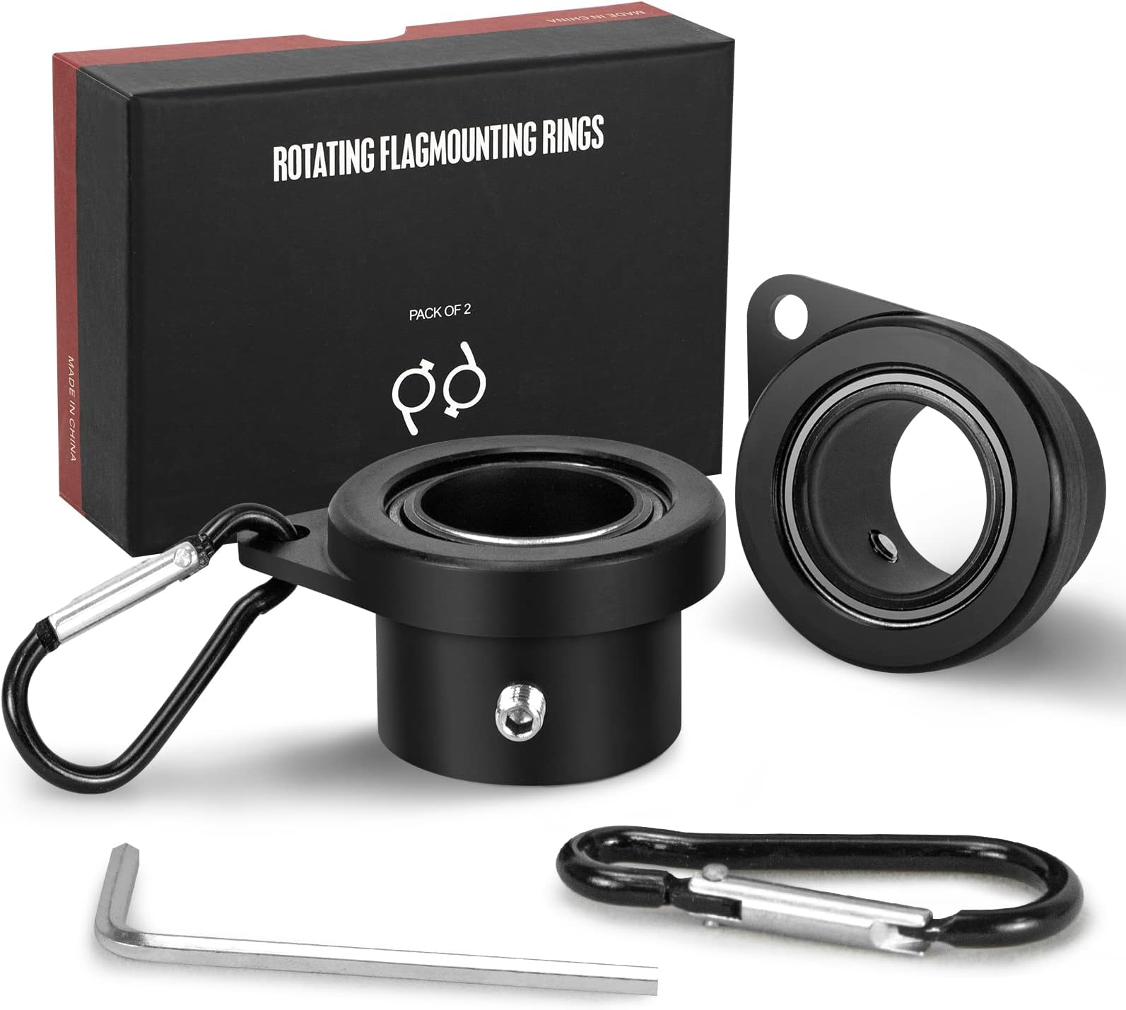 FLAG WIN Aluminum Alloy Flagpole Ring Set with Bearings 2 Pack, Anti Wrap 360°Rotating Flag Mounting Ring Spinning Flag Pole Kit with Carabiner for 0.71-1.00 Inch Diameter Flagpole(Black)