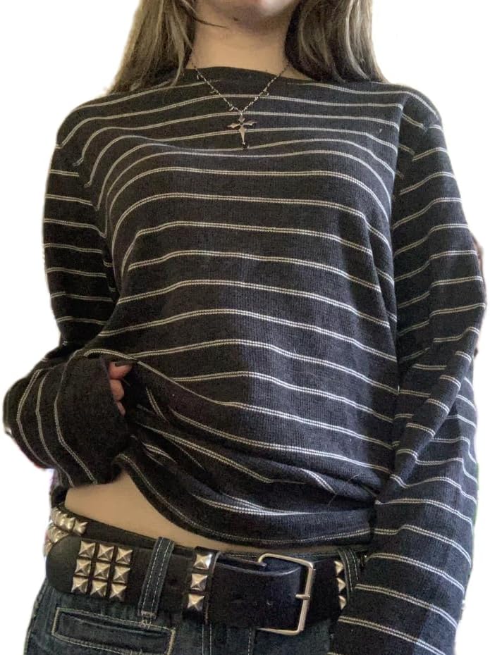 Women Harajuku Oversize Striped Long Sleeve Shirts Y2K Color Block Loose Fit Tops Fall Vintage Streetwear T-Shirt
