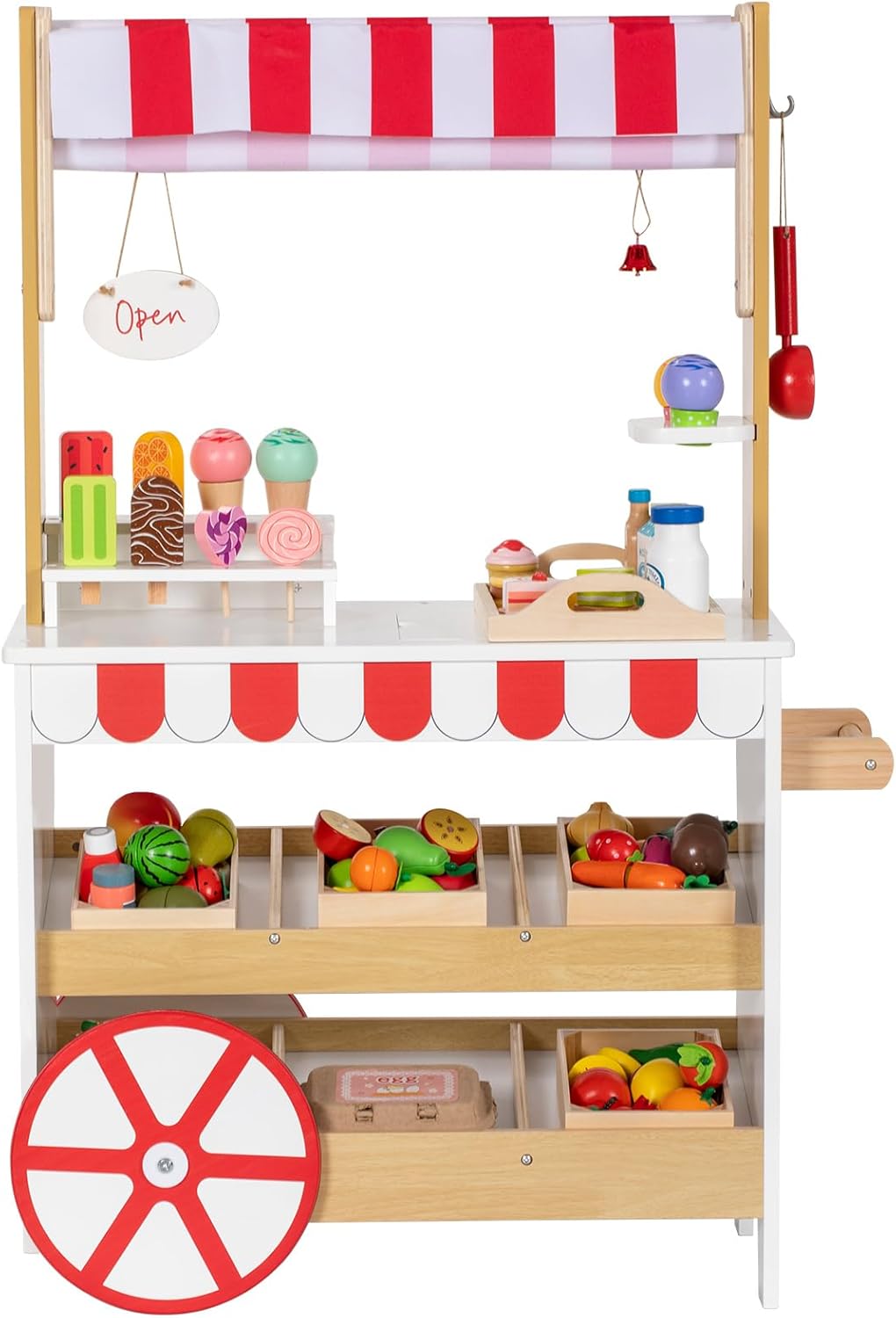 Ice Cream Cart Playset, 2 in 1 Wooden Grocery Store with Display Shelves, Large Wheels, Toddlers Pretend Play Food Truck, Kids Ice Cream Stand, Gift for Boys Girls Age 3+