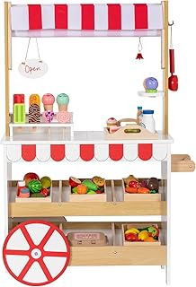 Ice Cream Cart Playset, 2 in 1 Wooden Grocery Store with Display Shelves, Large Wheels, Toddlers Pretend Play Food Truck, Kids Ice Cream Stand, Gift for Boys Girls Age 3+