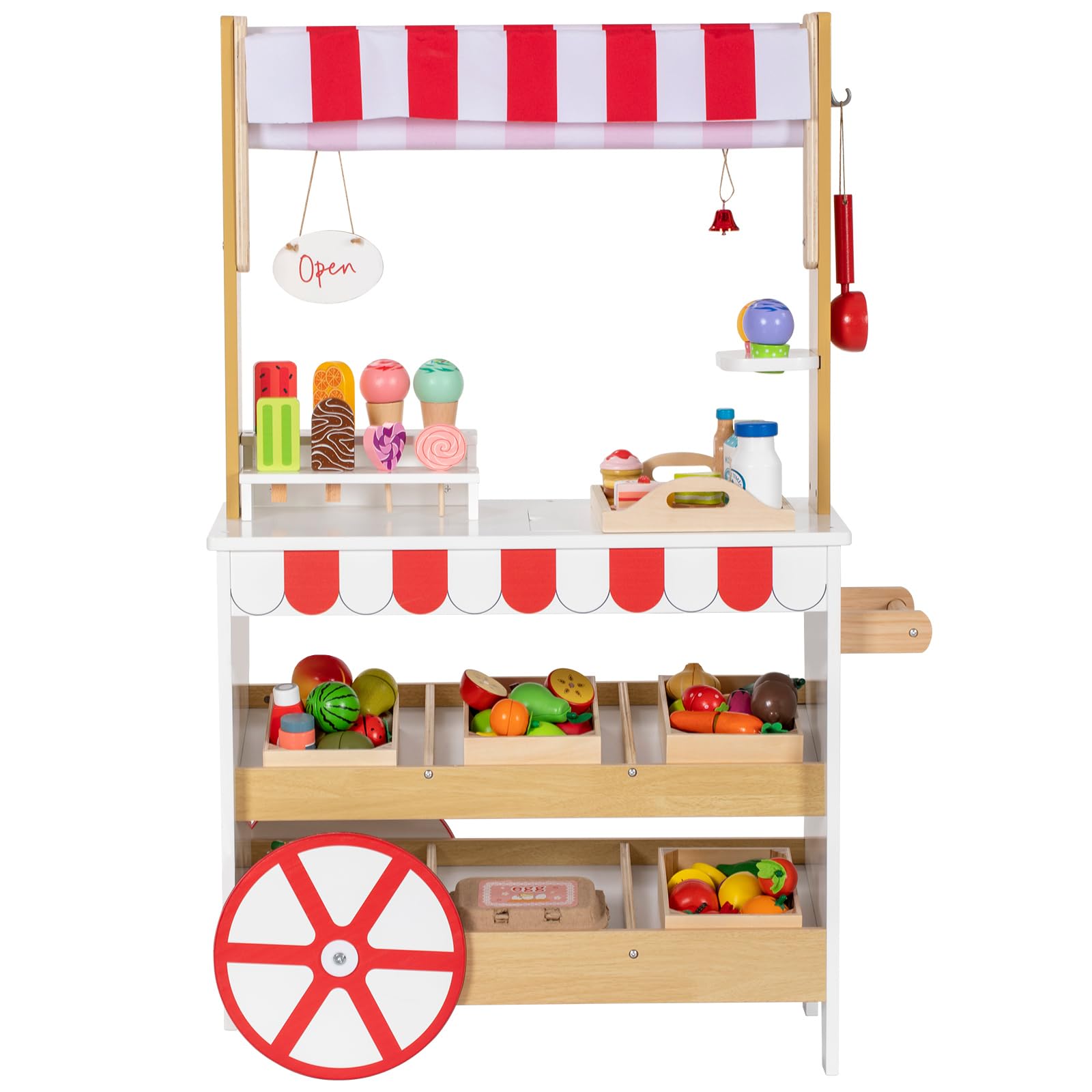 OHKIDS Ice Cream Cart Playset, 2 in 1 Wooden Grocery Store with Display Shelves, Large Wheels, Toddlers Pretend Play Food Truck, Kids Ice Cream Stand,