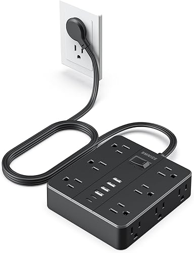 Regleta de alimentación plana con 12 tomas, 6 USB (2 USB C), estación de carga SMNICE con protección contra sobrecarga, cable de extensión de 5 pies