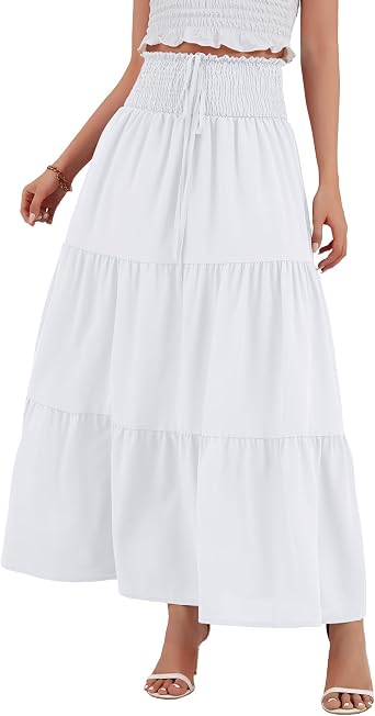 TRIWORKS Midi Skirts for Women UK Elegant High Waist 2 in 1 Chiffon Tiered Skirt Elastic Boho Long Summer Skirts S-XL