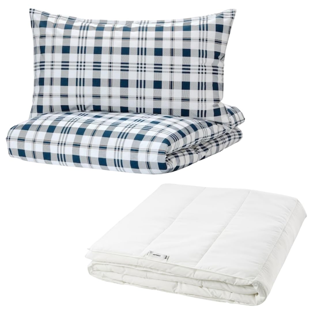 Ikea SPIKVALLMO Single Bed Set, Blue and White Check Pattern Duvet Cover with Pillowcase, SÄFFEROT Light Warm Duvet, 150x200 cm, All-Season Bedding Bundle-image-42