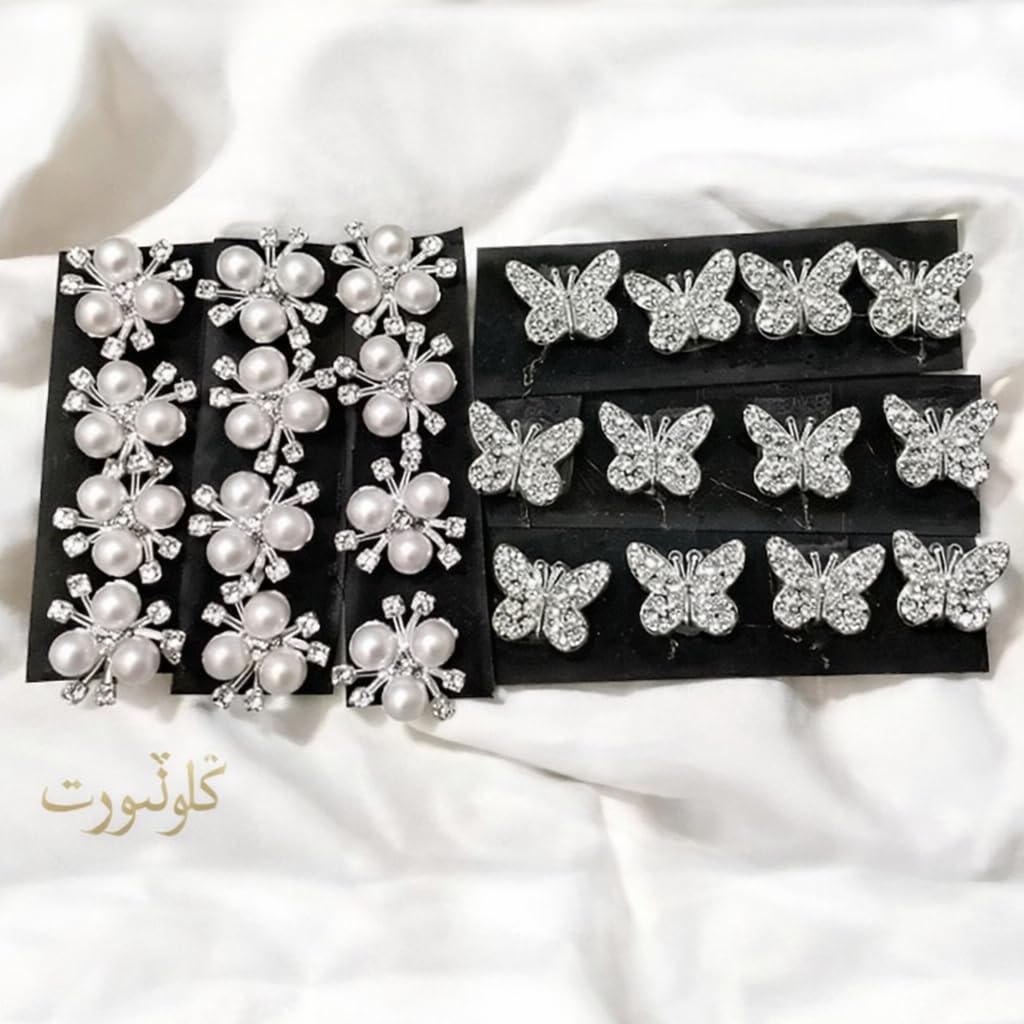 Butterfly and Flower Pearl Rhinestone Hair Clips for Women and Girls, Silver, Wedding and Party, 24 Pcs