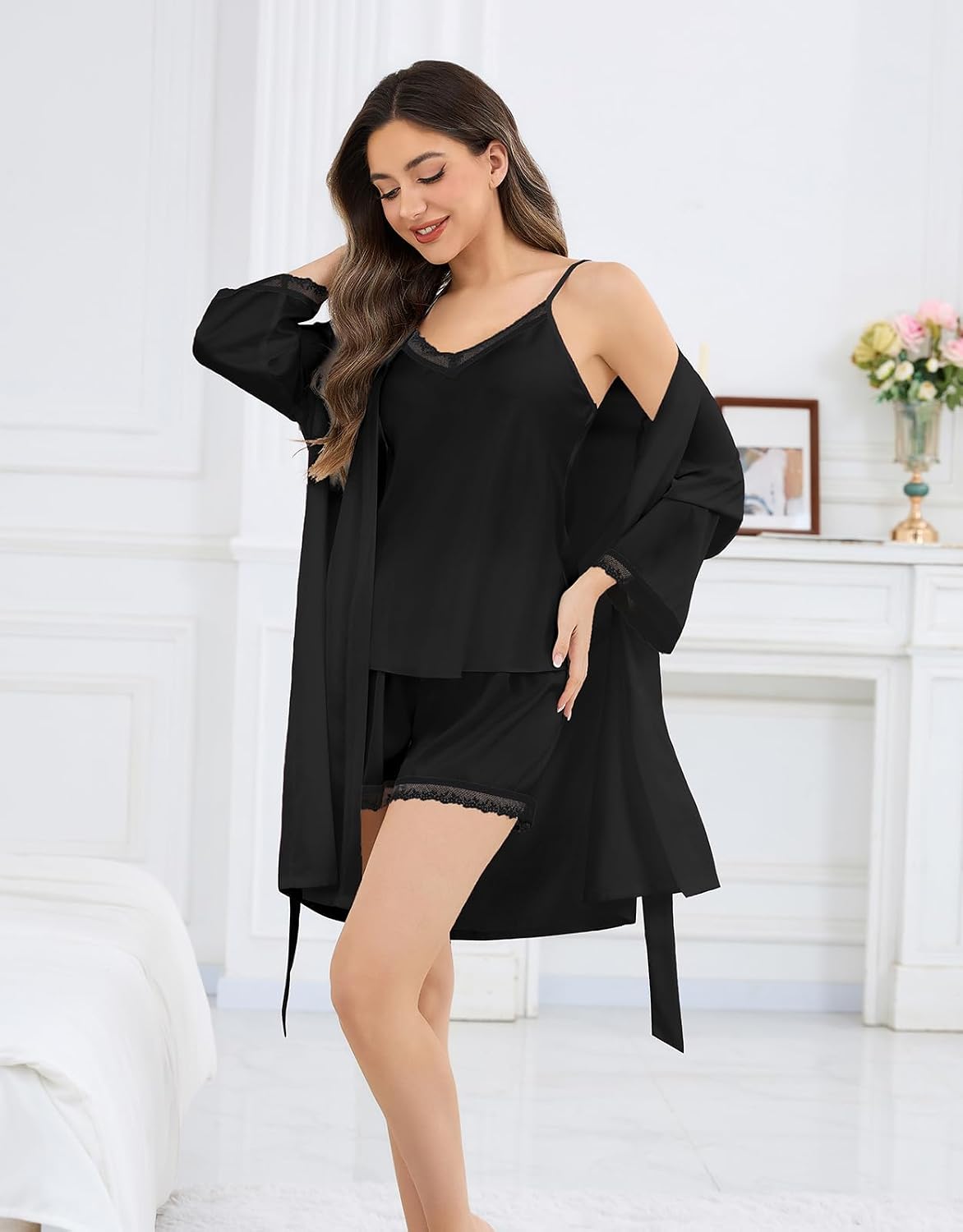 SAPJON Womens Silk Pajama Sets 6Pcs Sexy Satin Robe Sleepwear Set V Neck Lace Cami Shorts Nightgown Loungewear