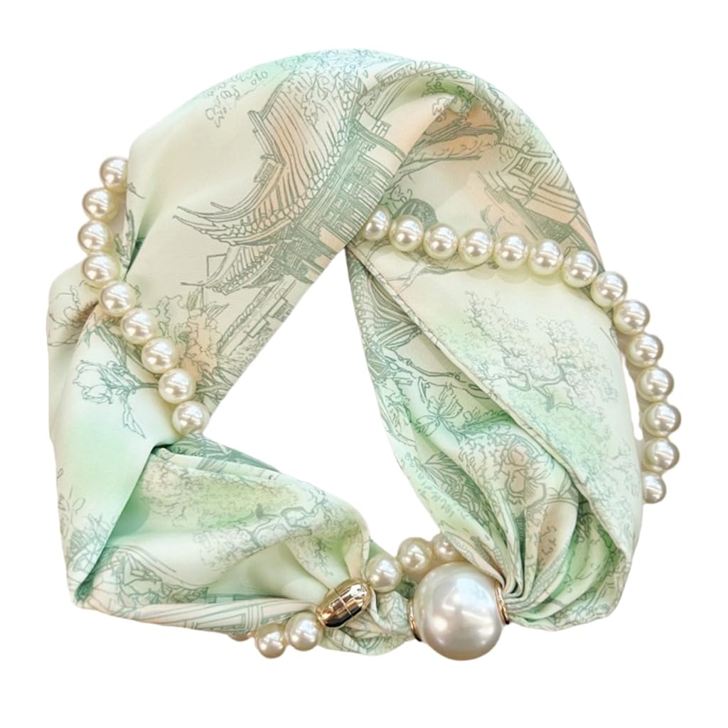QUEENYARD Women Scarf, Magnetic Clasp Pearls Chain Necklace Floral Satins Scarf Elegant Silk Skinny Narrow Neckerchief for Fashionable Women