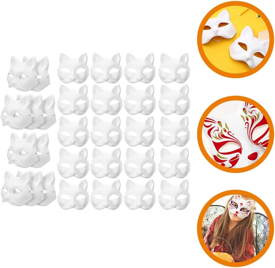 VICASKY 30pcs Cat Mask Masks White to Paint Blank Animal Dress Up DIY Half for Masquerade Halloween Cosplay Costume Party Favors Durability Ease of Design Wolf Halloween Face Paint
