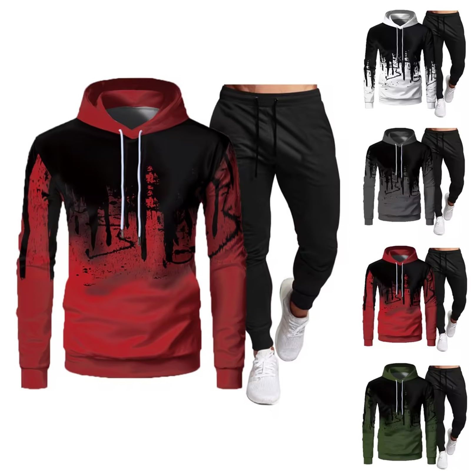 Generisch Tuta da jogging da uomo, 2 pezzi, tuta da ginnastica hip hop, tuta sportiva, a maniche lunghe, calda, per il tempo libero, per lo sport, streatwear con cappuccio e pantaloni da jogging