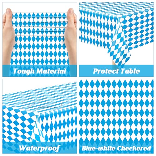 Image of 4 PCS Oktoberfest Decoration, 54 X 108 IN Blue White Checkered Plastic Oktoberfest Tablecloth, Disposable Rectangular German Theme Table Supplies, Bavarian Tablecover, Beer Tablecloth for Party Picnic