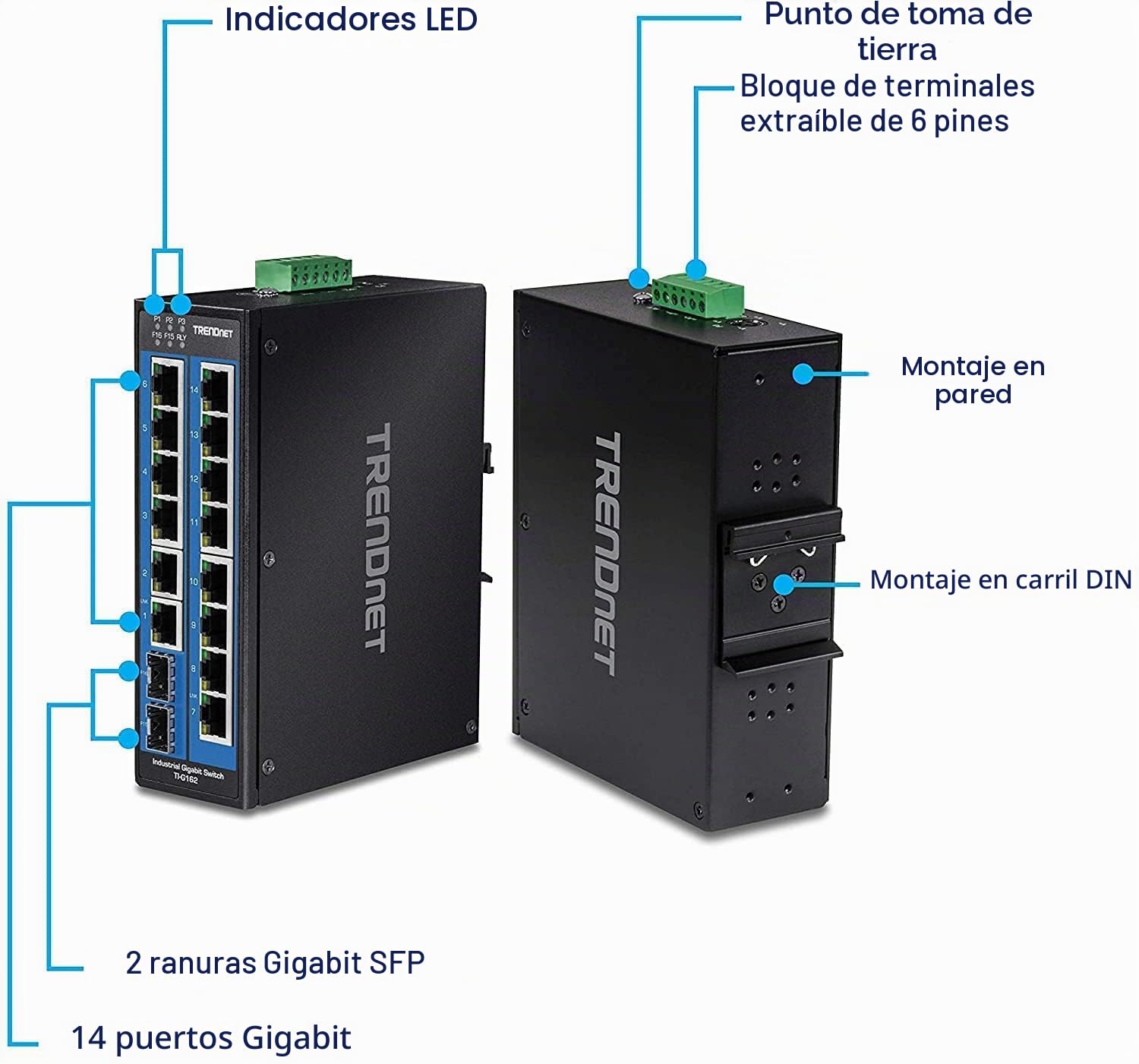 TRENDnet, TI-G162, Switch DIN-Rail Gigabit Industrial de 16 Puertos, 14 Puertos Gigabit, 2 Ranuras SFP Gigabit, Capacidad de conmutación de 32 Gbps