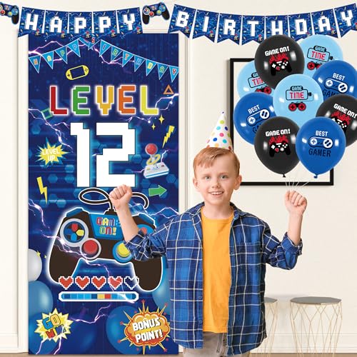 Image of Vlipoeasn Blue 12th Birthday Decorations for Boys, Video Game Level 12 Banner Backdrop Hanging Swirls for 12th Birthday Party, Gamer 12 Years Old Party Supplies