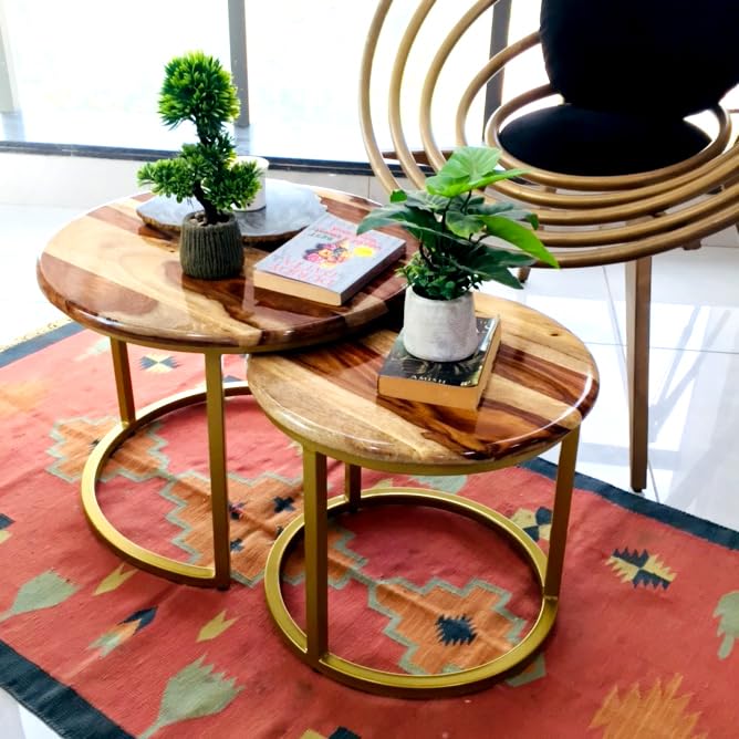 Image of Artlivo Solid Sheesham Wood Round Coffee Table - Set of 2 (22 /17 inch Dia) for Living|Drawing|Bedroom|Office|Balcony|Gift|Diwali|Wedding