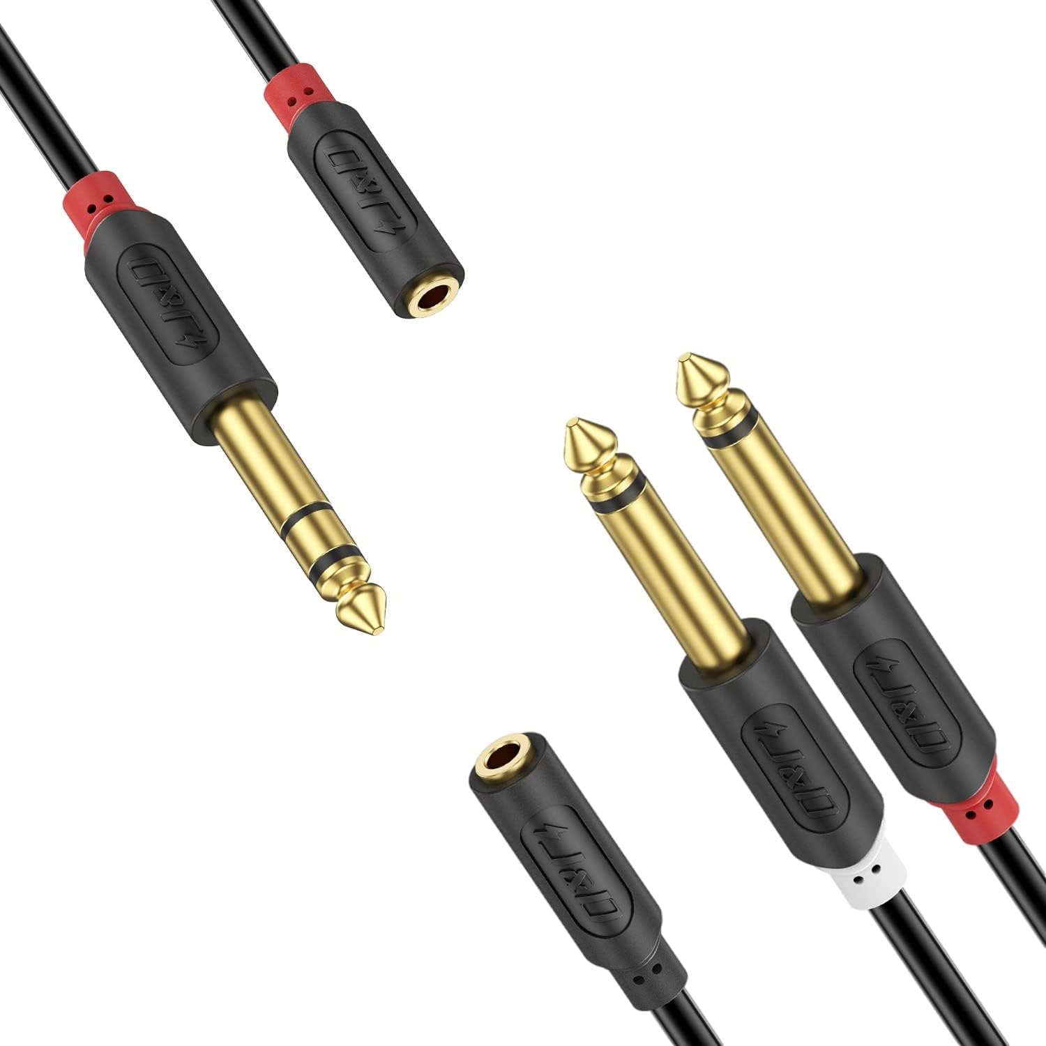 J&D 1/4" to 1/8" Headphone Adapter and 1/8" to Dual 1/4" TS Stereo Cable (9 FT) Bundle