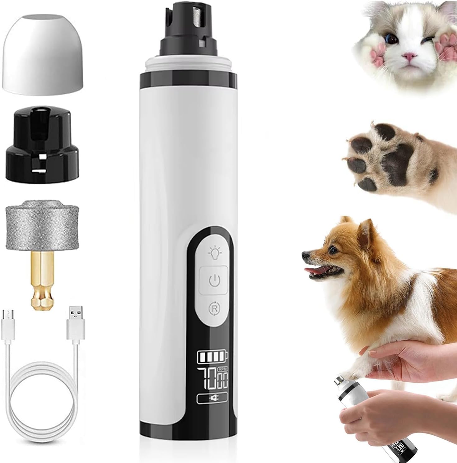 Molinillo de uñas mejorado para perros, carga USB rápida con cabezales de repuesto, herramienta de aseo de patas sin dolor