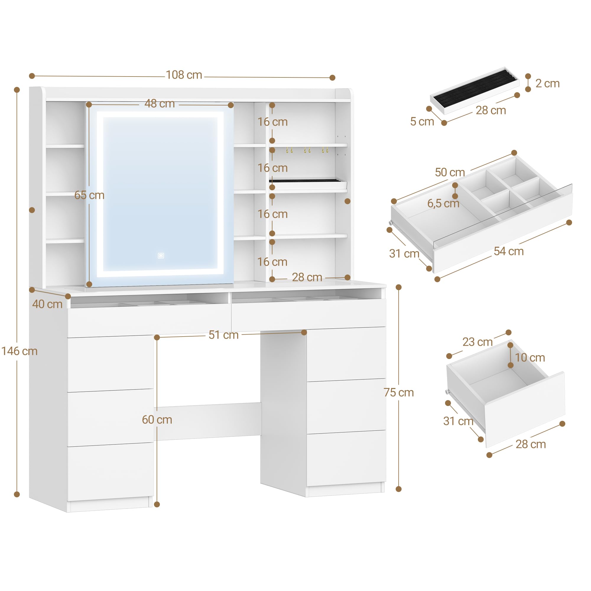 Hzuaneri Große Schminktisch, Schminktisch mit Verstellbaren RGB-Beleuchtung und Glasplatte, Schminktische mit Große Spiegel, 8 Schubladen und 9 Offenen Fächern, Schlafzimmer, Weiß, 1180203XEU