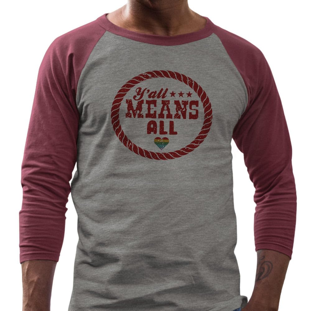 TeesAndTankYou Y'all Means All Three-Quarter Raglan Sleeve Baseball Shirt Unisex Medium Grey/Maroon