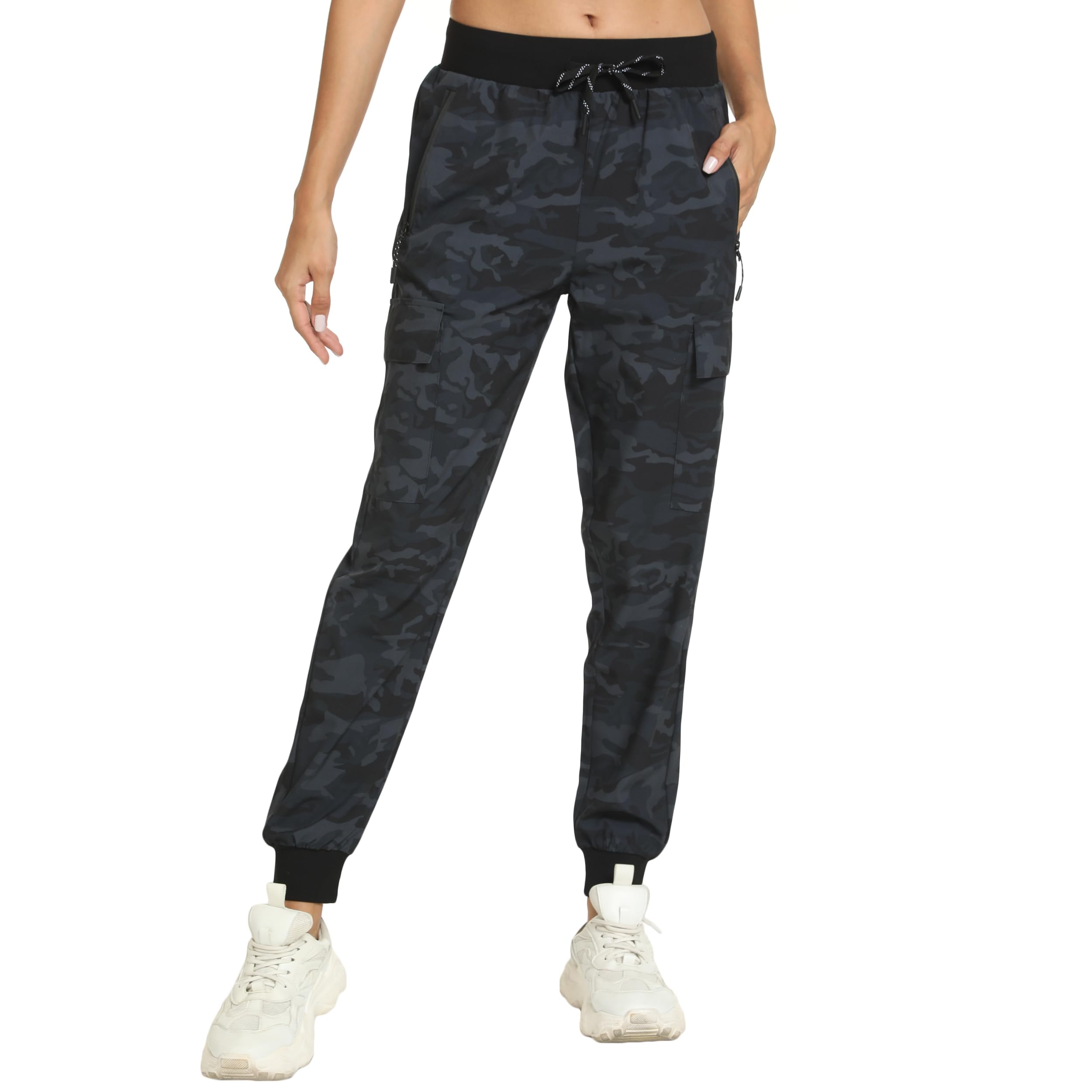 Women's Joggers Lightweight Cargo Hiking Pants Quick Dry Work, Black Grey Camo, M