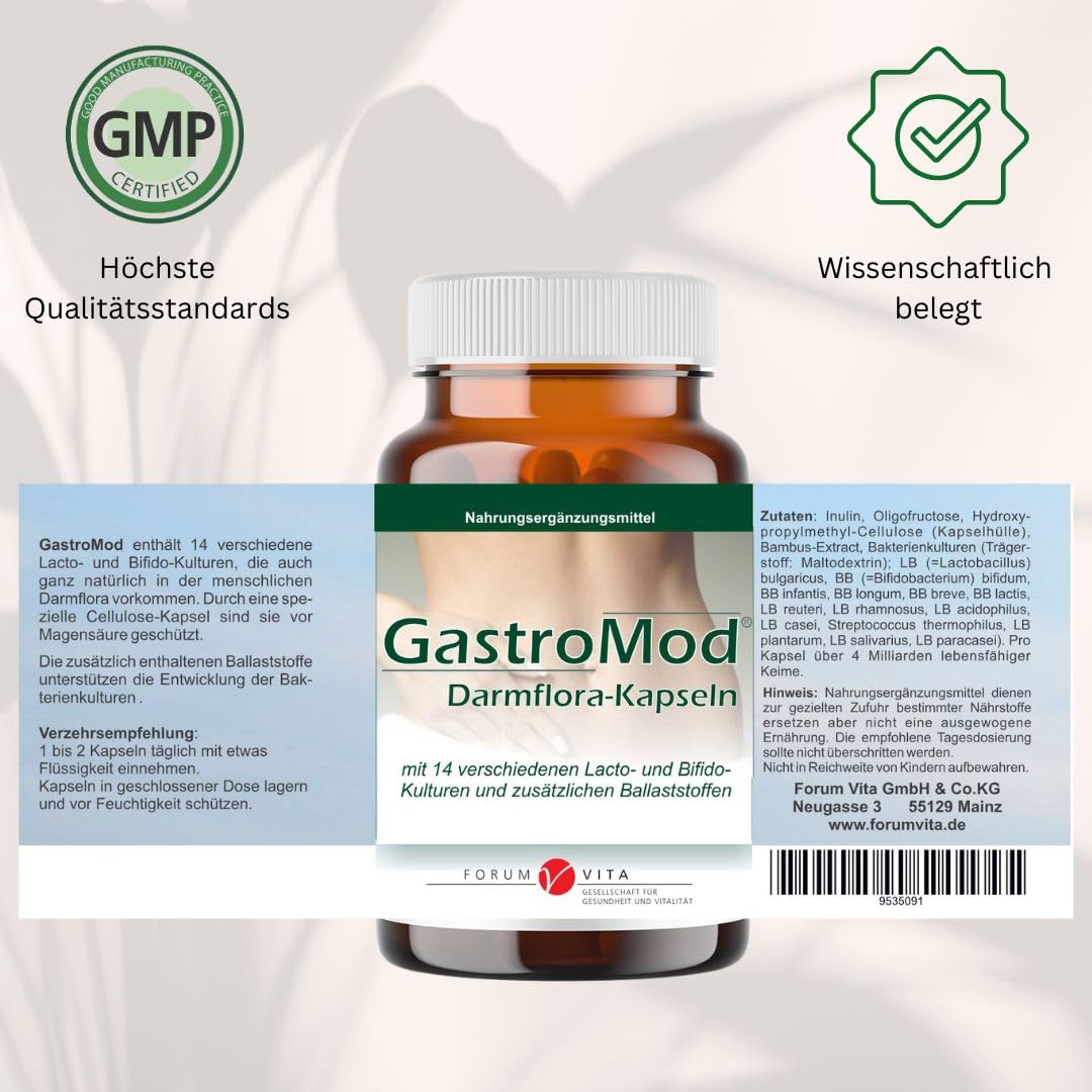 GastroMod Darmflora Kapseln - Probiotika für Darmkur und Darmsanierung - Breitband Darmbakterien + Inulin *Experte für Darmgesundheit seit 25 Jahren