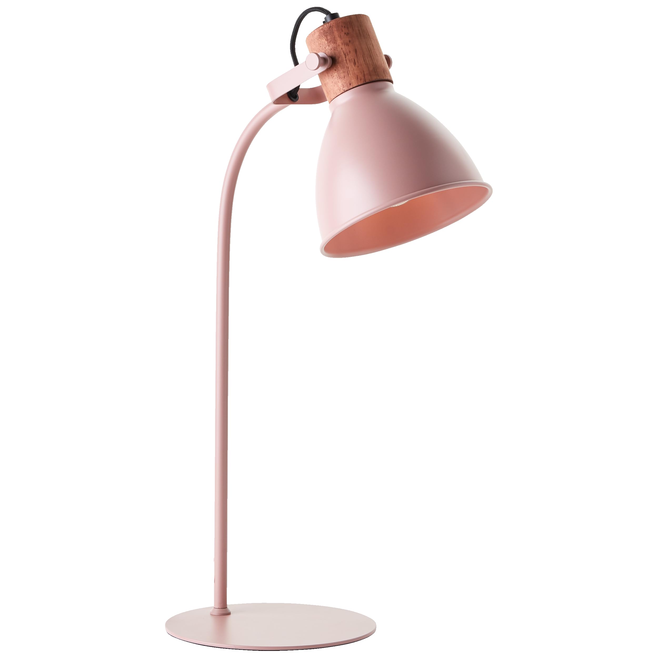 Lightbox skandinavische Schreibtischlampe - 52 cm Höhe - Tischleuchte mit Schalter & schwenkbarem Kopf - E27, max. 40 W - Metall/Holz aus Kautschukbaum - in Hellpink/Hellbraun
