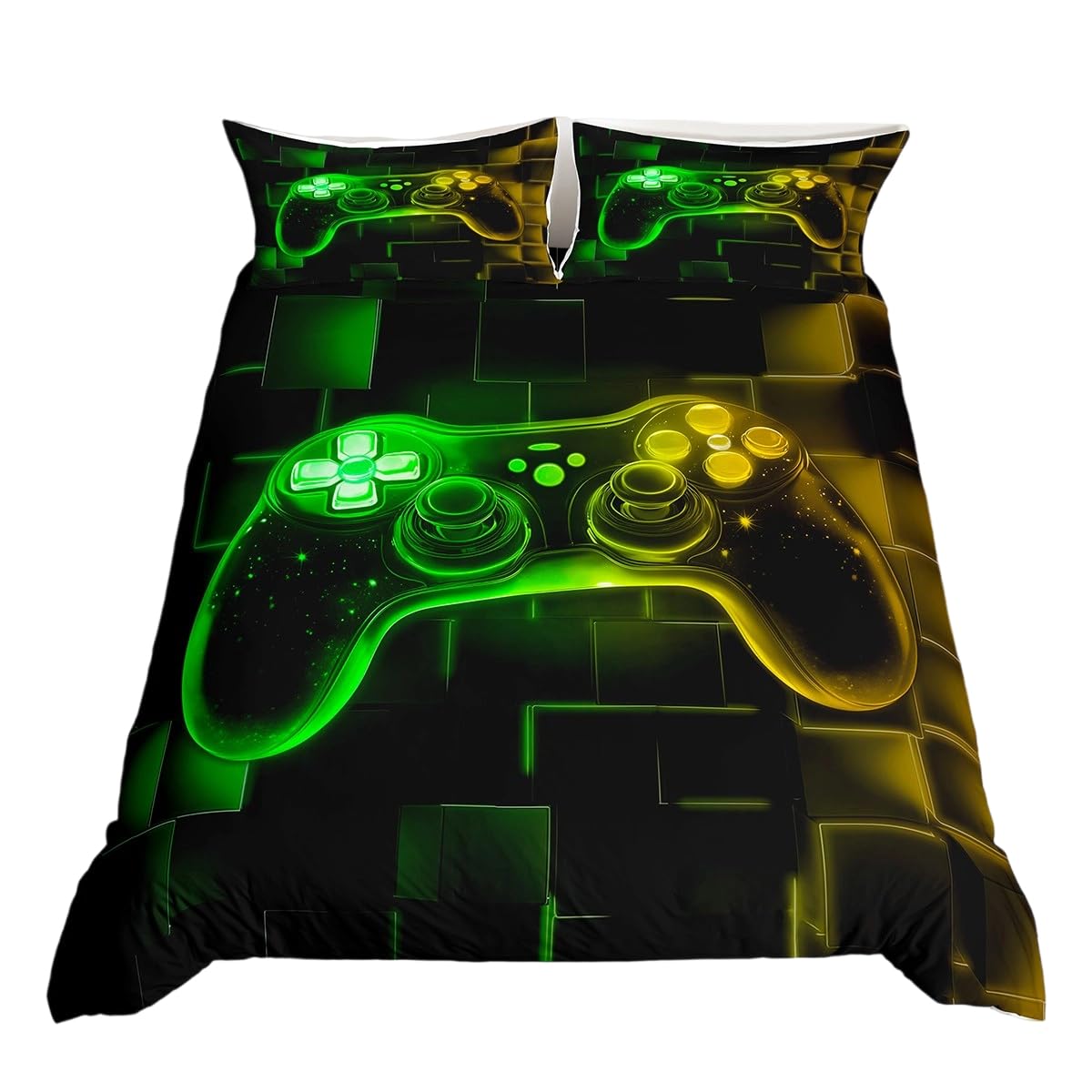 Homewish Boys Gaming Double Bedding Black Reversible, Kids Gamer Duvet Cover Set Game Room Decor, Galaxy Video Games Gamepad Quilt Cover Neon Square Geometric Grid Bed Sets with 2 Pillowcases