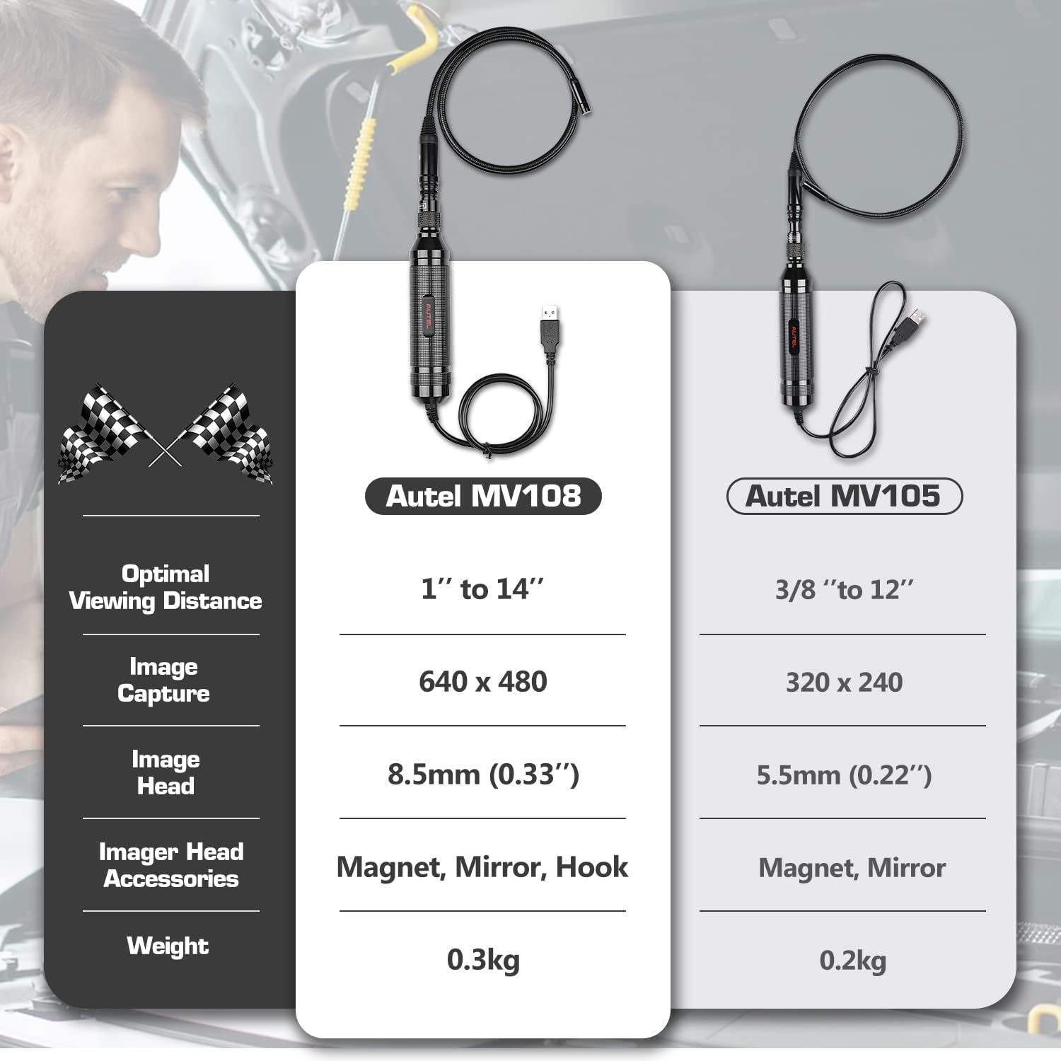 Autel MaxiVideo MV108S Digital Inspection Camera, 2026 8.5mm 1080P HD Semi-Rigid Snake Camera, IP67 Waterproof USB Borescope Industrial Endoscope w/LED Light, Upgrade of MV108 MV105S MV105