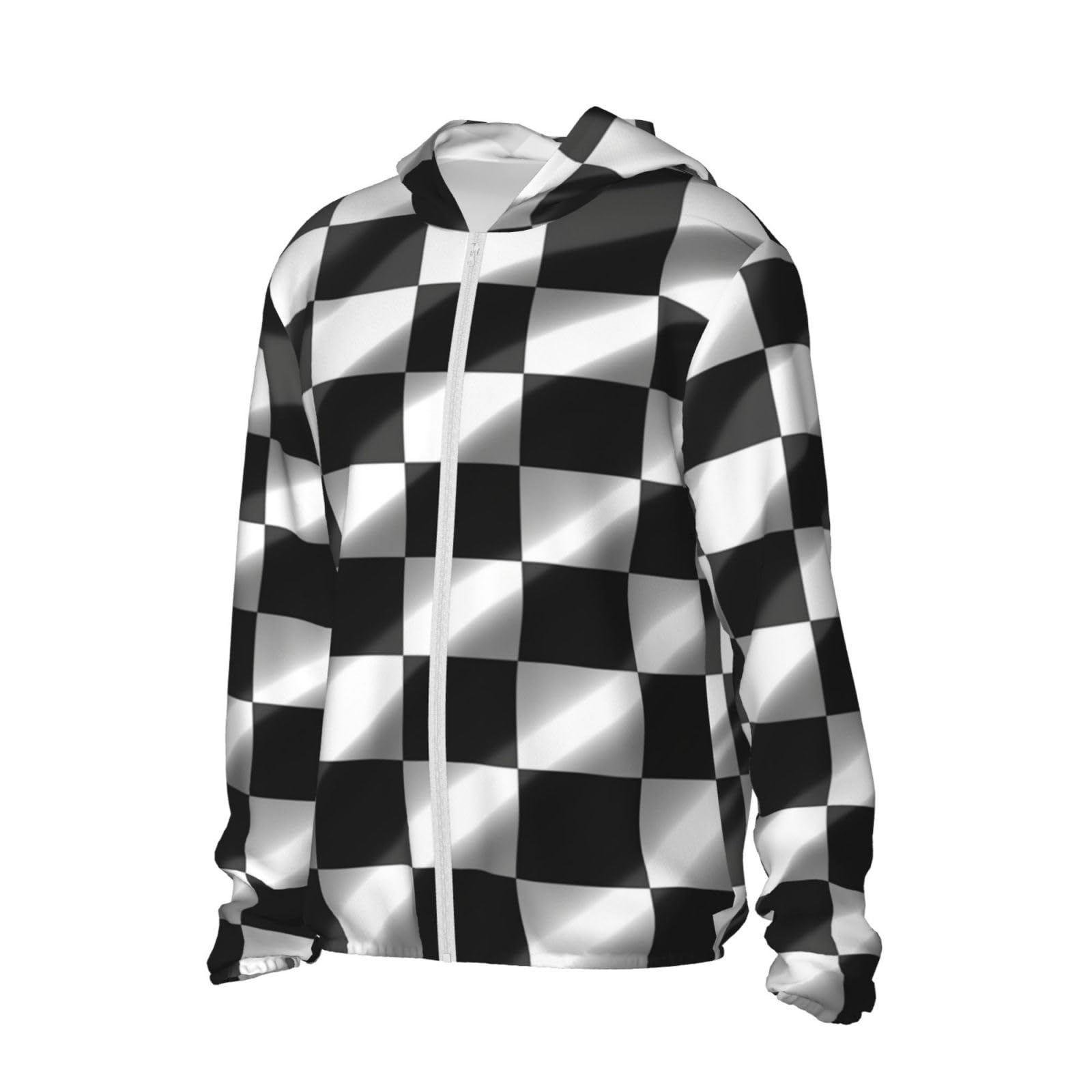 UPF 50+ Light Jacket Full Zip Sun Protection Hoodie for Women Men Long Sleeve Black White Race Checkered Flag Sun Shirts