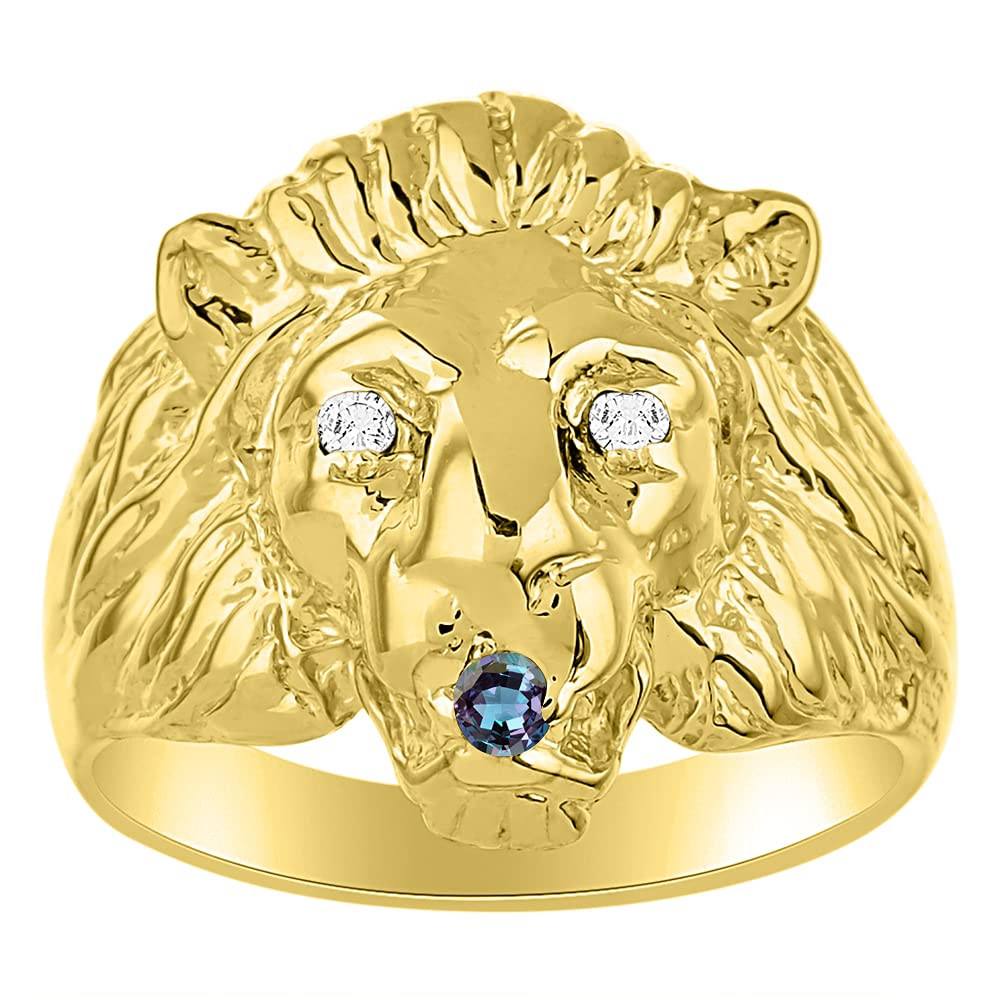 Rylos Lion Head Ring Color Stones Eyes &amp; Diamond Mouth – Fun Designer Rings in Sizes 8-13 in Yellow Gold Plated Silver