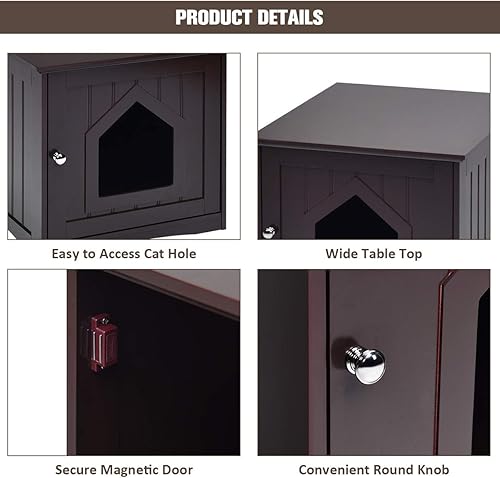 Miniatura 5 de Tangkula Caja de arena para gatos, muebles ocultos, mesita de noche para mascotas con puerta magnética, casa decorativa para gatos, baño interior