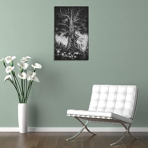 Miniatura 5 de Póster de árbol de la muerte oscuro en blanco y negro, diseño gótico de calavera aterradora, decoración de pared en lienzo, decoración del hogar,