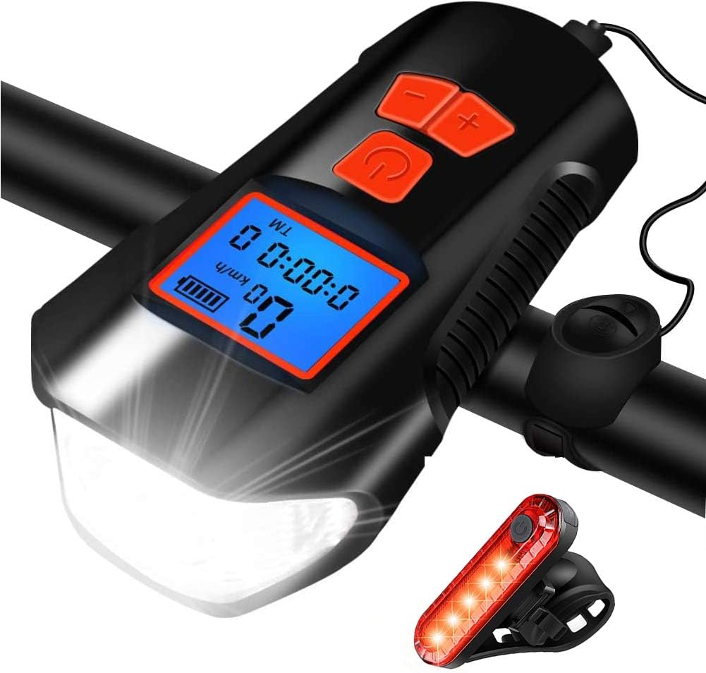 SUYA Bike Light Set,Bicycle Headlight with Horn and Speedometer Odometer,USB Rechargeable Bike Front Light and Tail Light,Fits All Mountain & Road Bike