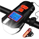 SUYA Bike Light Set,Bicycle Headlight with Horn and Speedometer Odometer,USB Rechargeable Bike Front Light and Tail Light,Fits All Mountain & Road Bike