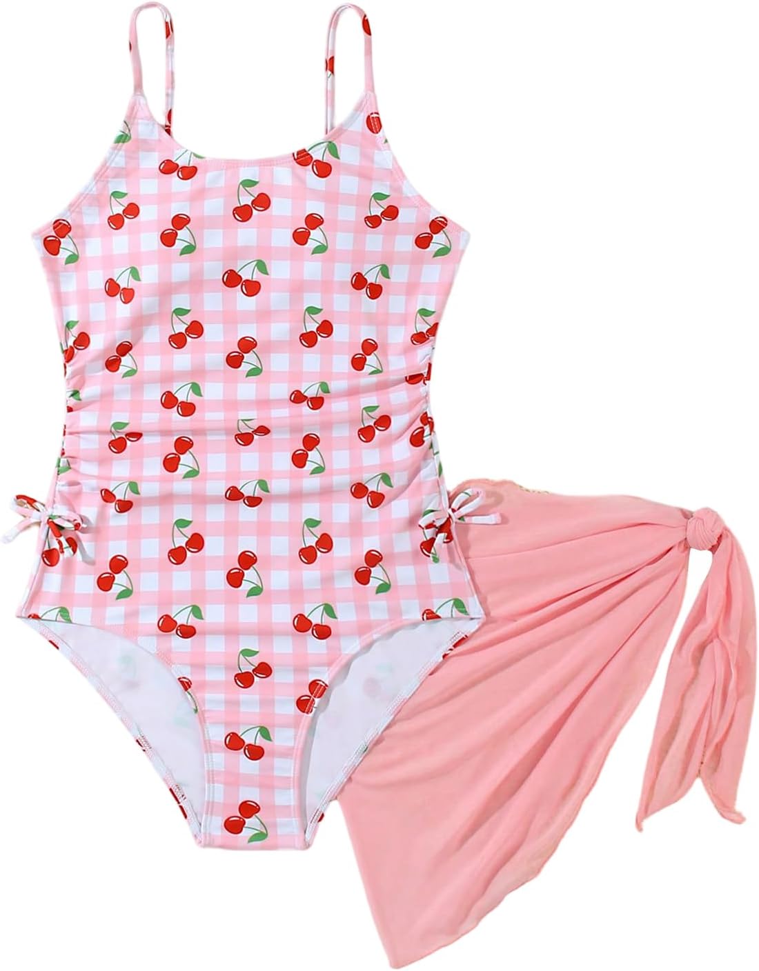 SHENHE Girl's One Piece Swimsuit Gingham Cherry Print Cute Bathing Suit with Mesh Sarong Cover Up