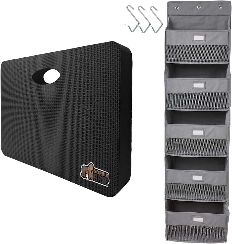 GORILLA GRIP Kneeling Pad, 17.5x11, Black and Over the Door Organizer, Gray Bundle