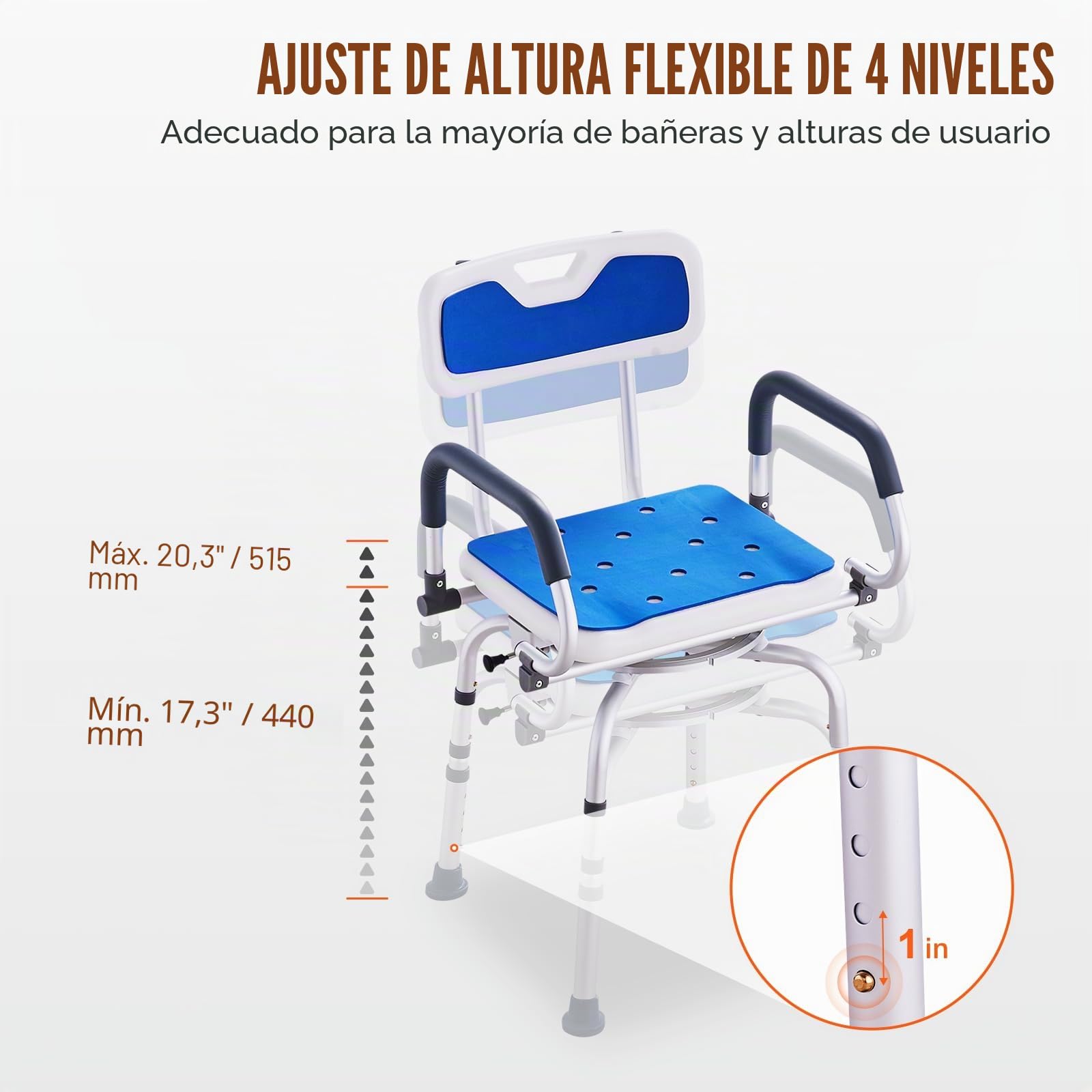 VEVOR Silla de Ducha Giratoria de 360 ​​Grados con Brazos Pivotantes para Duchas o Bañeras Interiores, para Personas Mayores Discapacitadas Lesionadas, Capacidad de 180 kg, 530 x 520 x 835 mm