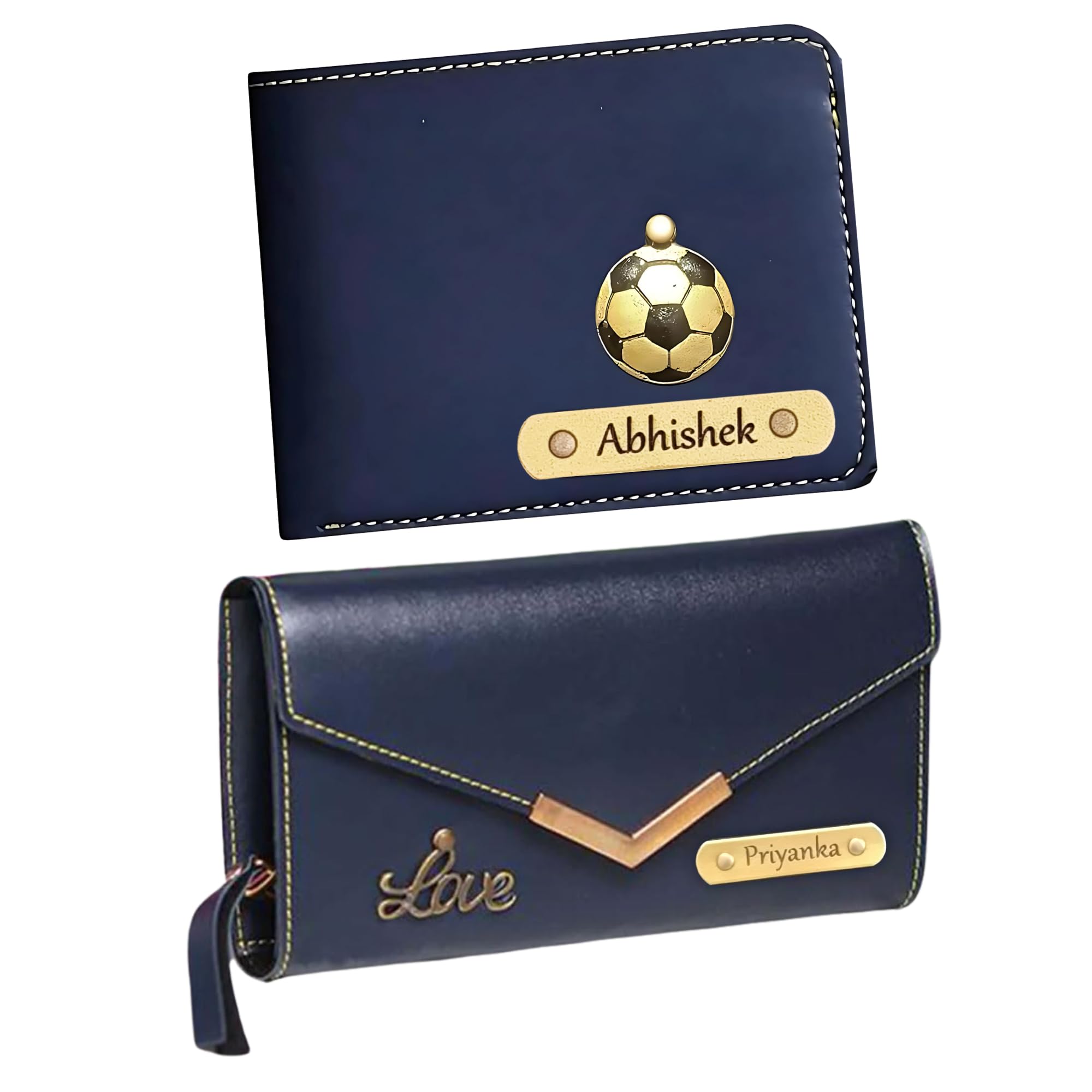 Customised Anniversary Gift | Personalized Anniversary Gift Set for Couple with Name and Charm | Customised Leather Women Purse & Men Wallet - Birthday Gift (Blue)-image-44