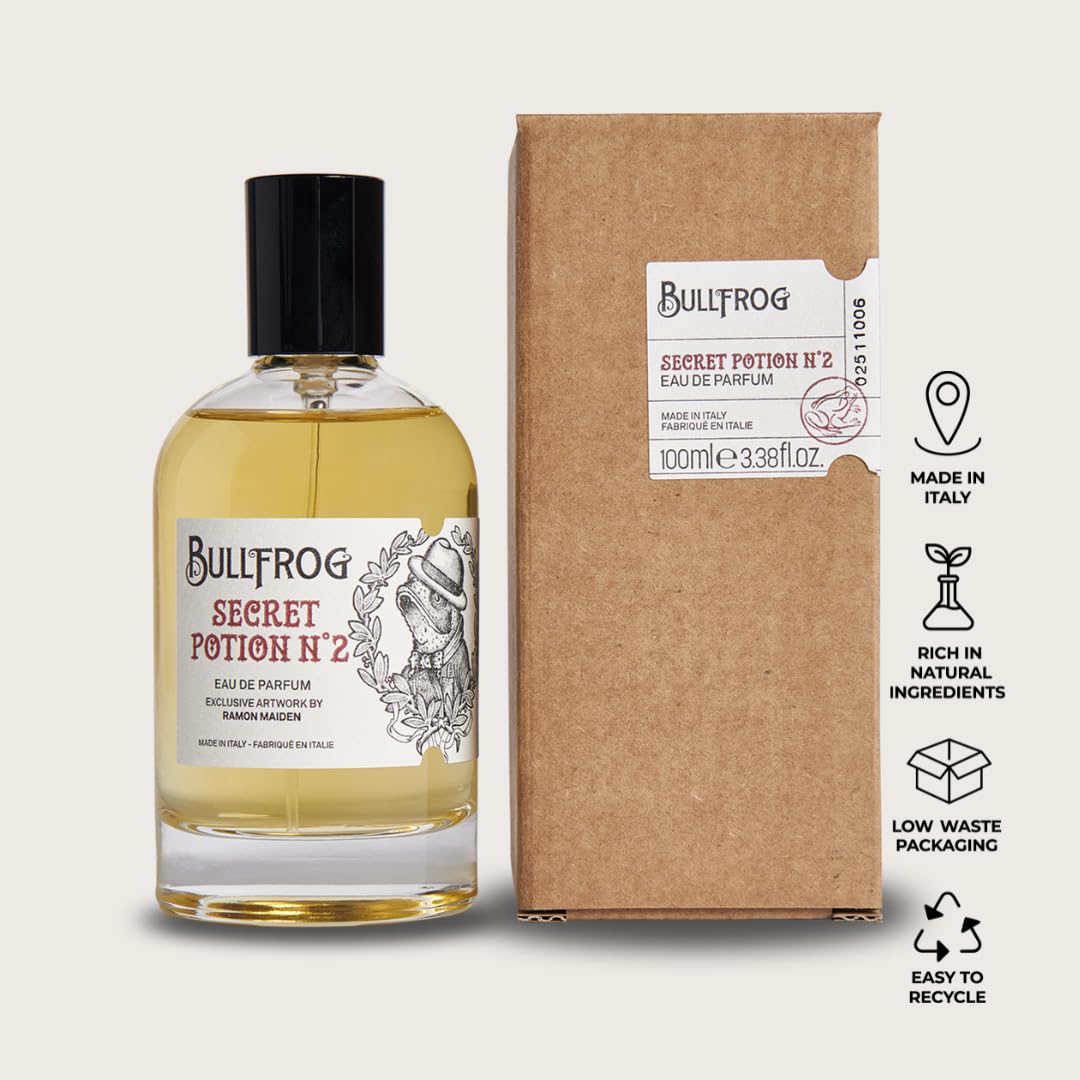 Bullfrog Eau De Parfum Secret Potion N.2 100ml - Perfumy dla mężczyzn - Nuty czarnego pieprzu, cynamonu, gałki muszkatołowej, drewna cedrowego, wetweru i drzewa sandałowego - Wyprodukowano we Włoszech