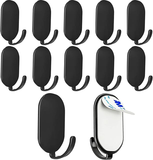 Bosdontek Adhesive Hooks, 12 Pack Stainless Steel Sticky Hook No Drilling, Rustproof Coat Hooks Wall Hooks, Waterproof Stick on Wall Robe Hangers for Bathroom Living Room Kitchen (Matte Black)