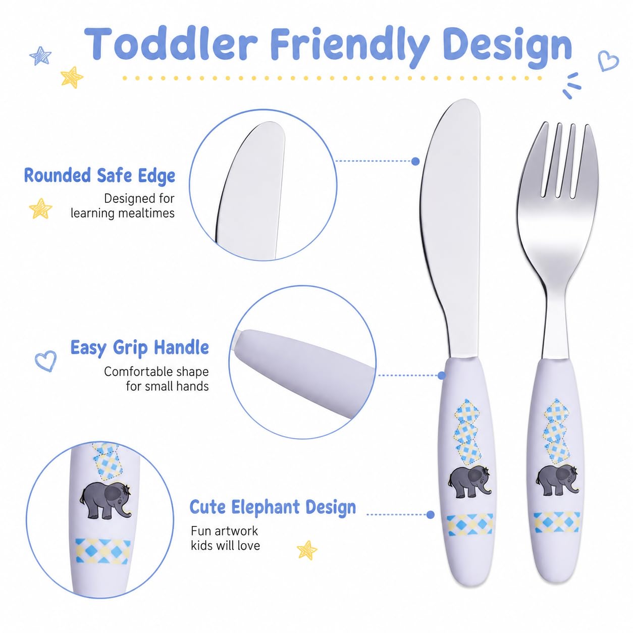 EXZACT dzieci sztućce 6 szt stal nierdzewna Kid maluch słoń | do zmywarki BPA bez uchwyty łatwy chwyt Toddlers codzienny posiłki pokój dziecięcy Utensil sztućce łyżki widelce noże