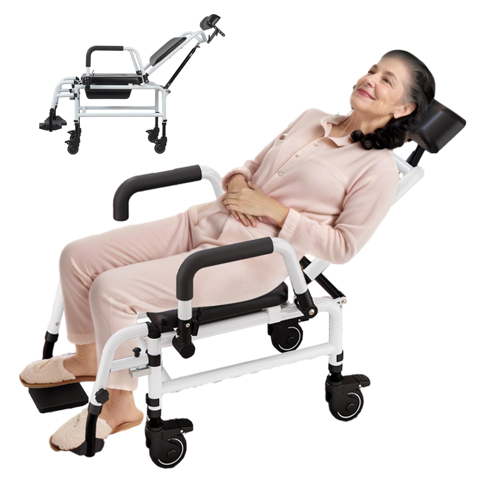 balurukt Reclining Shower Chair with Wheels | Commode Wheelchair for Seniors, Disabled, Bariatric & Handicap - Padded Transfer Rolling Chairs with