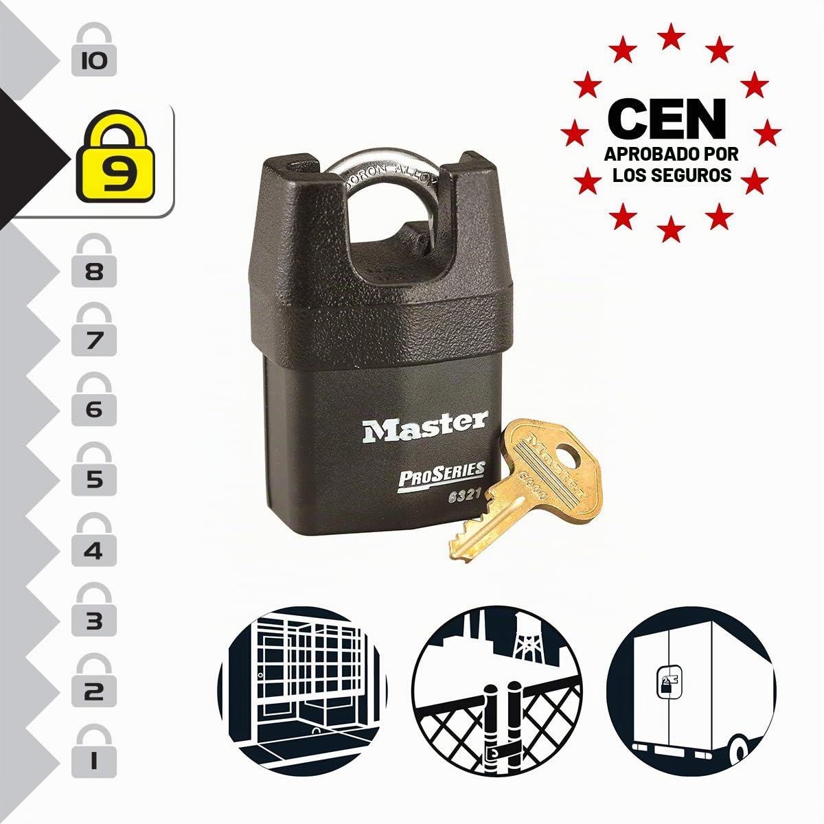 Master Lock 6321EURD Candado Alta Seguridad y Estanco, Llave, Arco Protegido, Exterior, 6321EURD, Óptimo para Usos de Transporte y Industriales, 54mm