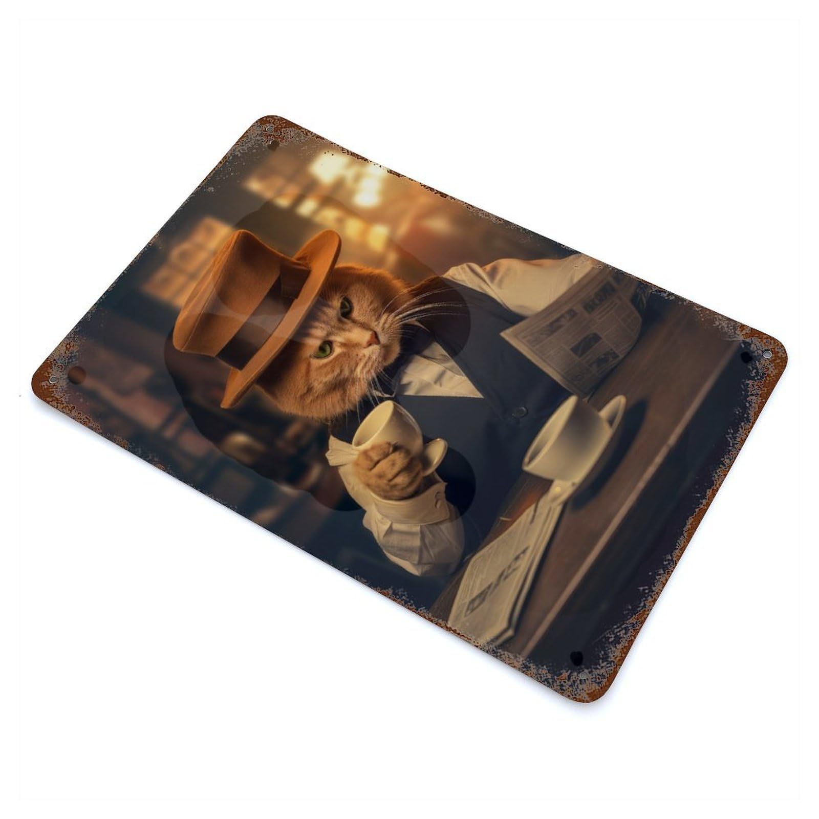 Funny Cat Coffee Newspaper Rust Effect Tin Sign 11.8"x7.9", Ideal for Cafe, Home Bar And Lounge Decor