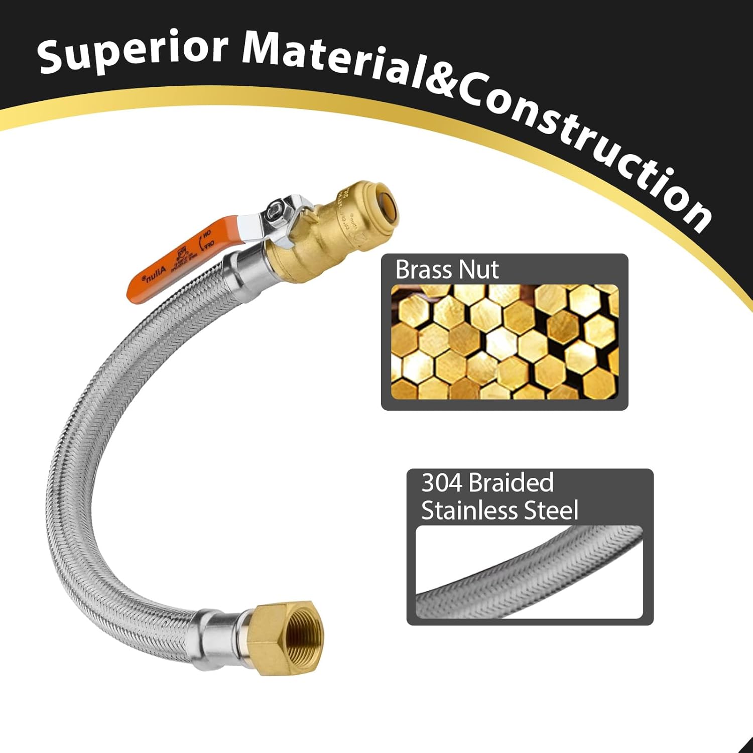 1 Pack Foskan 12" Flexible Water Heater Connector Hose,With 3/4" Push fit Ball Valve x 3/4" FIP,Push-to-Connect for Copper, PEX, and CPVC Pipes（12" Length）