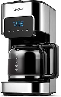 VonShef Filter Coffee Machine - 1.5L Drip Coffee Maker with Hot Plate & Programmable 24 Hour Timer, 900W, Digital Display, Keep Warm Function, Reusable Filter, 12 Cup Capacity - Silver.