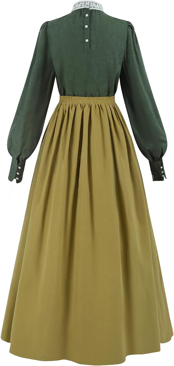 FCCAM Green Victorian Dress for Women 1800s Edwardian Dress Ball Gown Renaissance Costume with Pockets