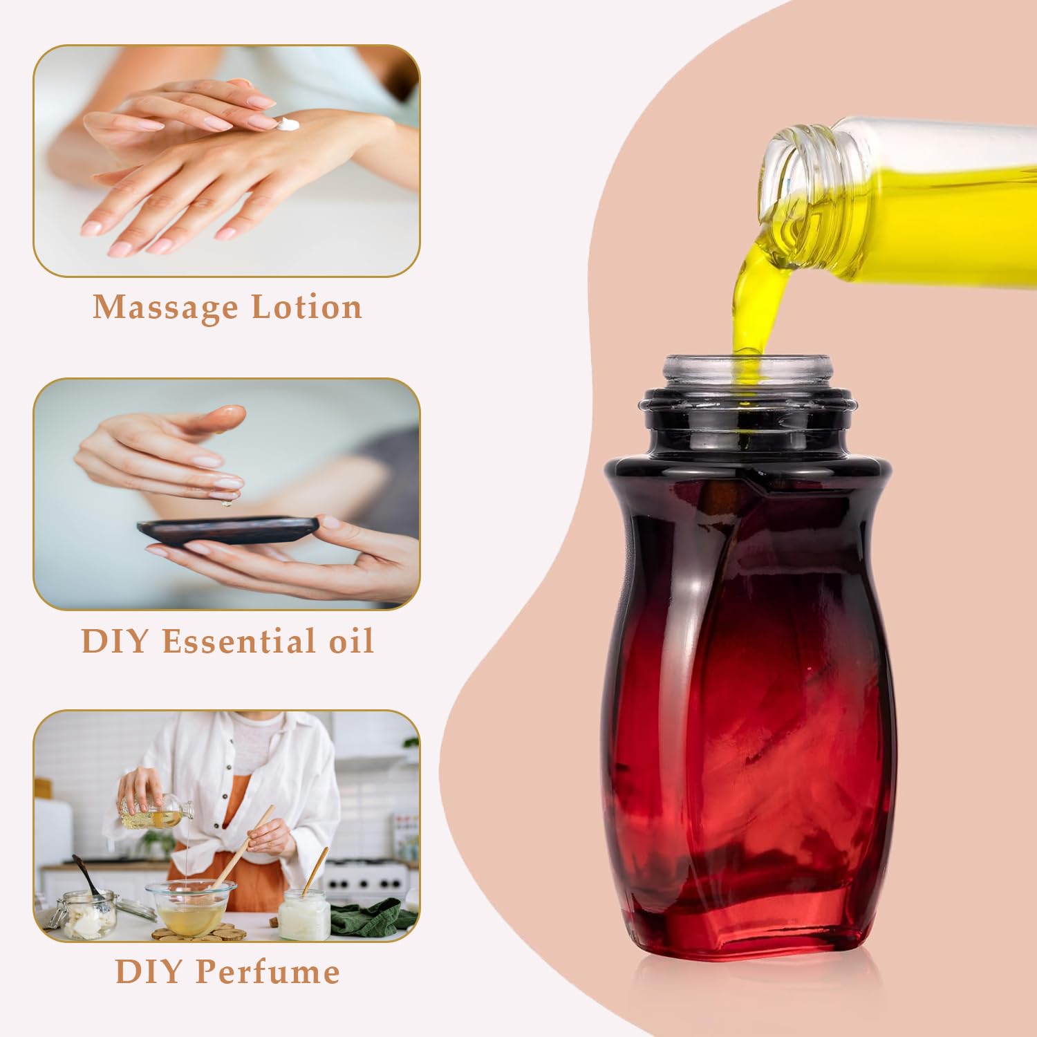 4 Bottiglie Roll-On In Vetro Da 50 Ml Colore Rosso Sfumato - Flaconi Vuoti Con Applicatore A Sfera E Tappo Nero - Perfetti Per Oli Essenziali, Profumi E Deodoranti Fai Da Te, Con 2 Apribottiglia - 2