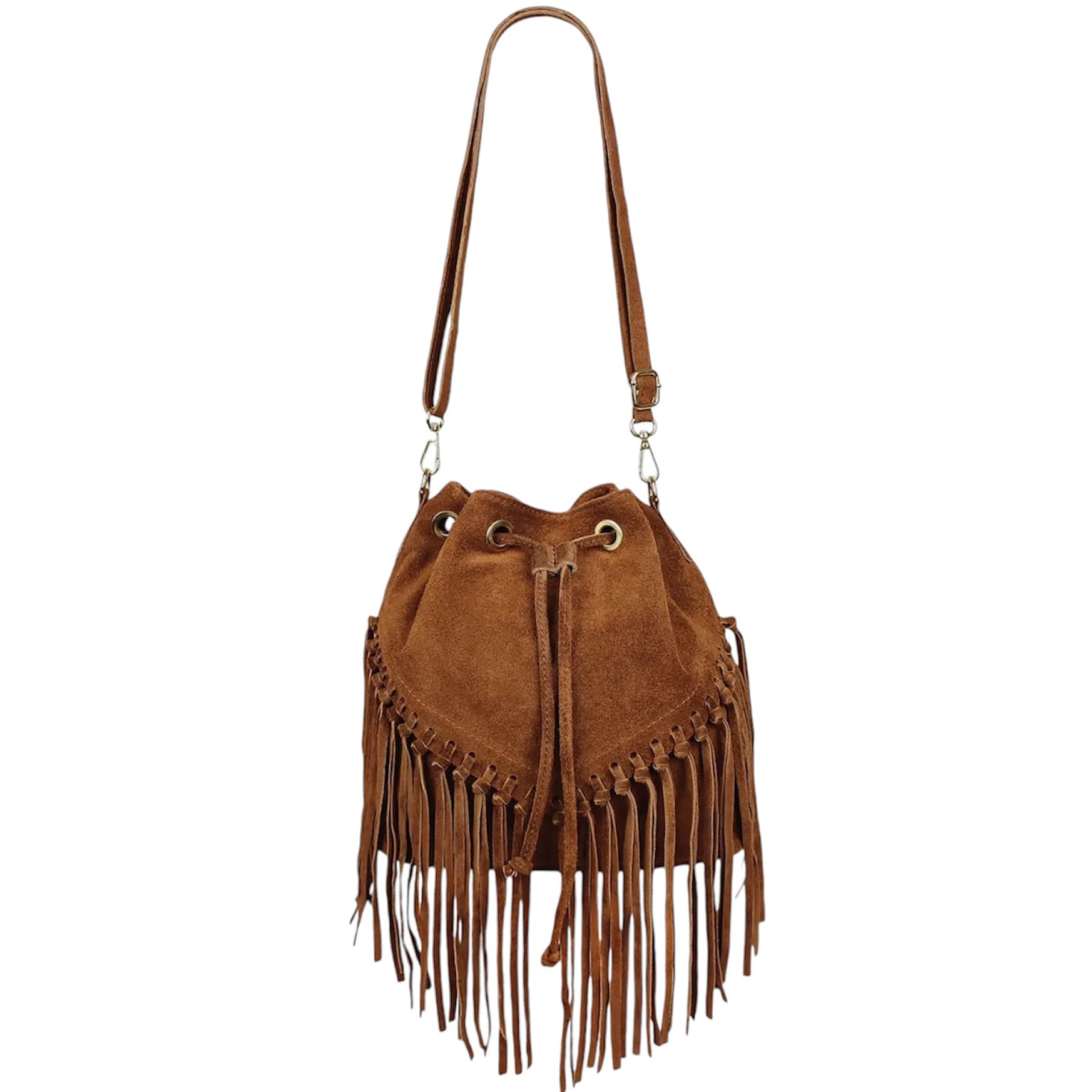 Borsa a Secchiello in Pelle Scamosciata con Frangia 26x13x26 cm